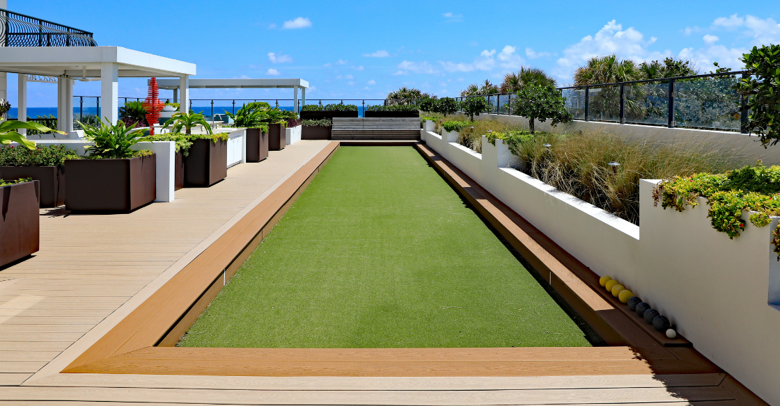Rooftop deck area with artificial turf