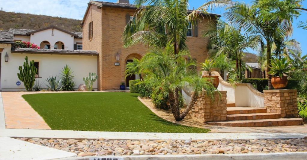House in San Diego with synthetic grass front lawn